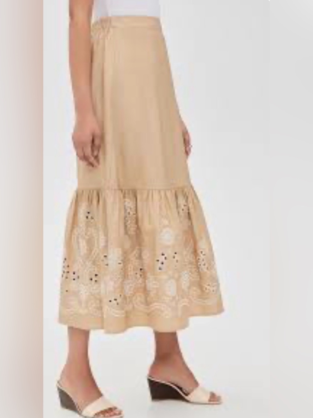 Anthropologie Moon River Khaki Embroidered Eyelet Ruffle Skirt